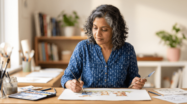 Children's book artist illustrating a colorful page at a drawing desk