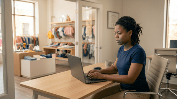 Children’s clothing store owner organizing apparel while forming an LLC