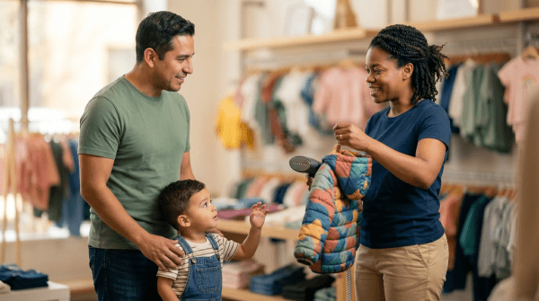 Children's clothing store owner helping a customer find the right outfit for their child