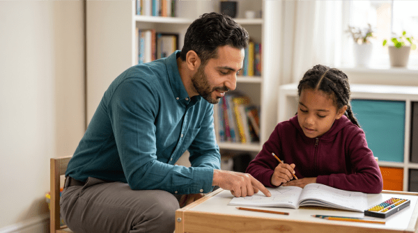 Children’s tutoring business owner tutoring a student in an educational learning center