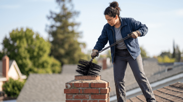 Chimney sweep business owner sweeping a chimney