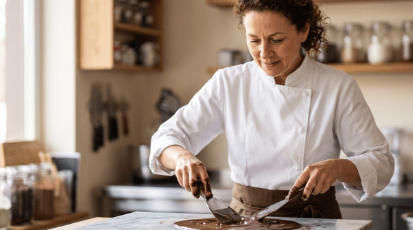 Chocolate and confectionery shop owner making chocolates