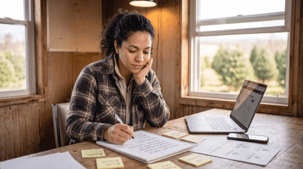 Christmas tree farm owner creating LLC name ideas for a seasonal farm business