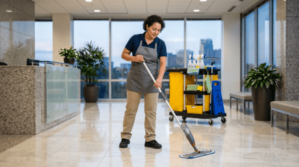 Commercial cleaning business workers cleaning and sanitizing a professional office space