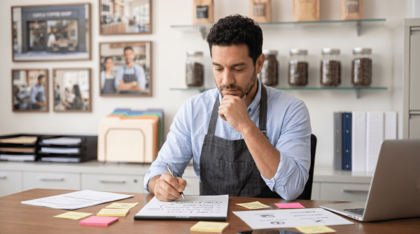 Coffee shop owner brainstorming coffee shop business names