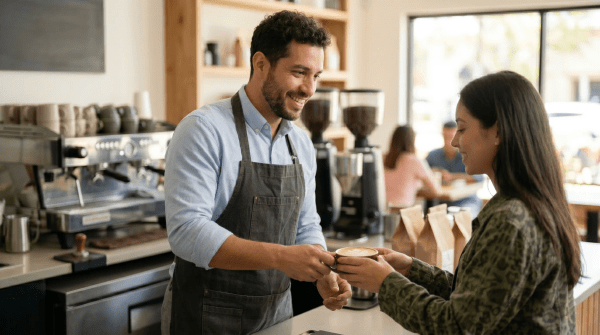 Coffee shop business owner and barista staff serving a customer at the counter
