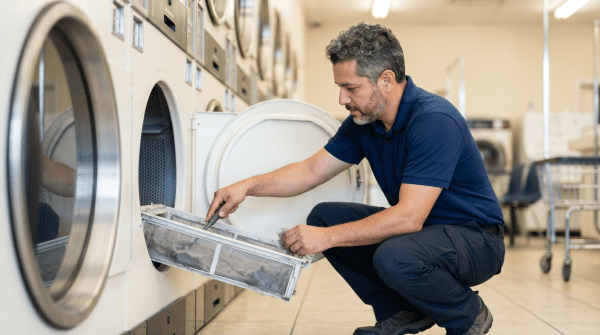 Coin-op laundromat owner managing a self-service laundry business