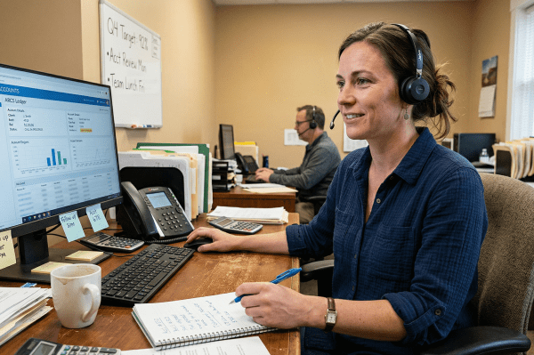 Collections agency call center employee handling debt recovery calls at a professional workstation