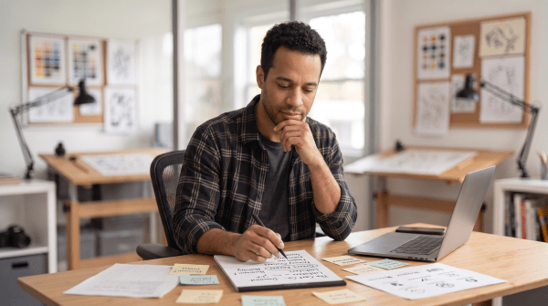 Comic book illustration business owner brainstorming business name ideas