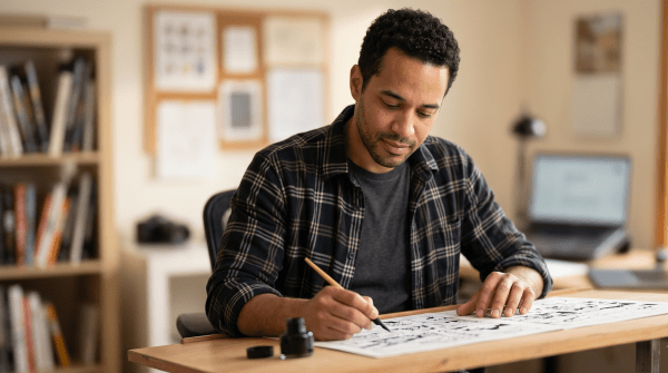 Comic book illustrator inking a panel at an art workstation