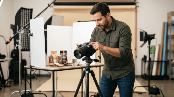 Commercial and product photography studio owner shooting professional product photos for a photography business