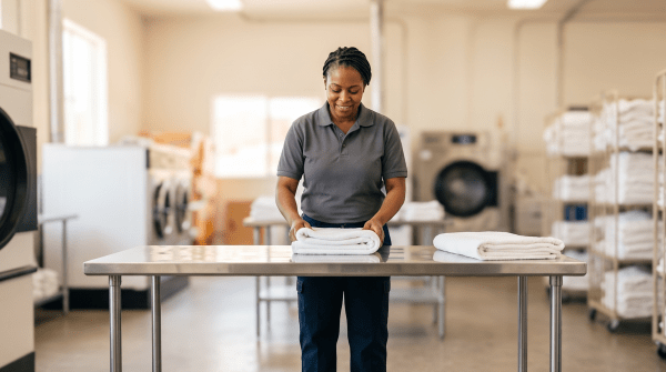 Commercial linen service owner supplying laundered linens
