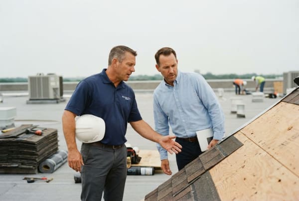 Commercial roofing contractor business owner reviewing project plans with a client on-site
