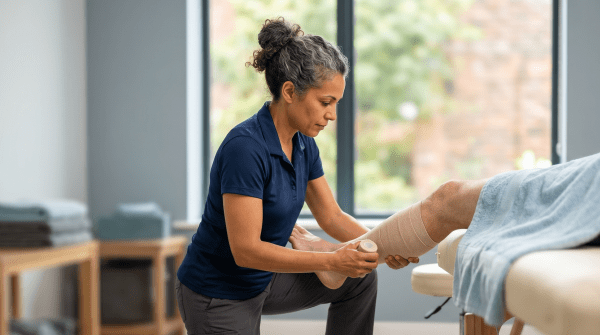 Compression therapy specialist fitting a client with recovery equipment