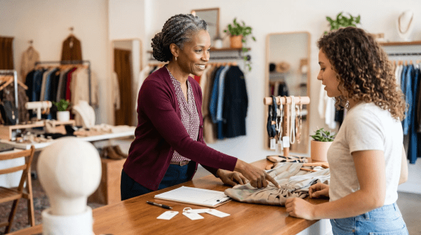 Consignment shop owner assisting customers happily browsing secondhand clothing and goods
