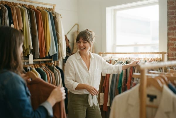 Consignment shop owner assisting customers happily browsing secondhand clothing and goods