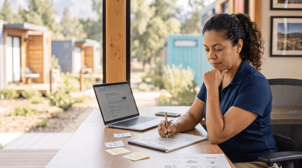 Container home resort owner brainstorming business name ideas