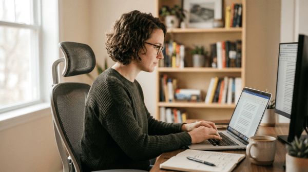 Online content writing business owner writing an article on their computer