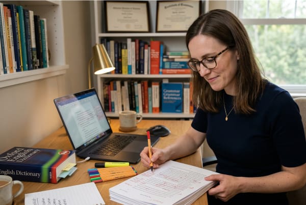 Copy editing and proofreading service business owner and editor reviewing written content