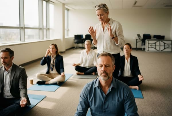 Corporate mindfulness training session in progress with employees practicing meditation at work