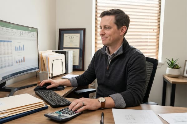 CPA firm solo practice accountant reviewing financial statements and tax documents at a desk