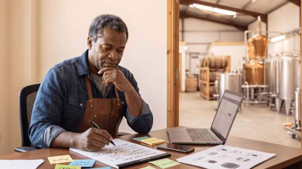 Craft spirits distillery owner brainstorming business name ideas