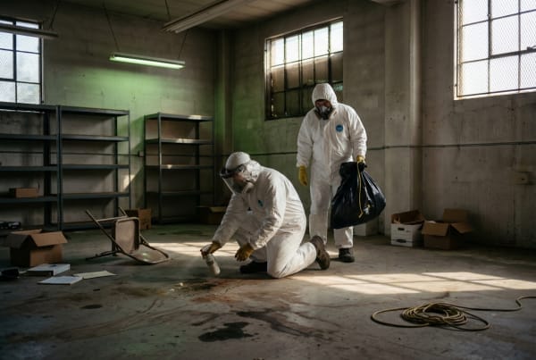 Crime scene cleanup service workers in protective gear performing biohazard remediation at a job site