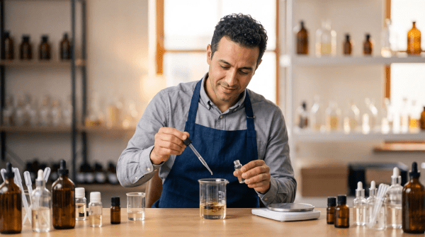 Custom perfume studio owner blending fragrances at a workbench