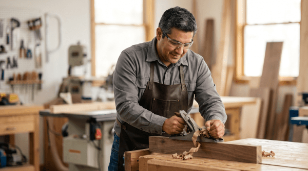 Custom woodworking and craft business owner crafting handmade wood products for an artisan business