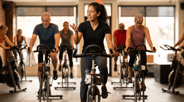 Cycling studio owner leading a cycling class