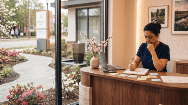 Day spa owner brainstorming LLC name ideas for a wellness business
