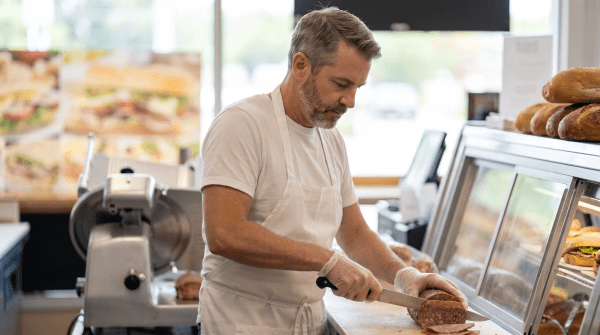 Deli and sandwich shop owner making a sandwich