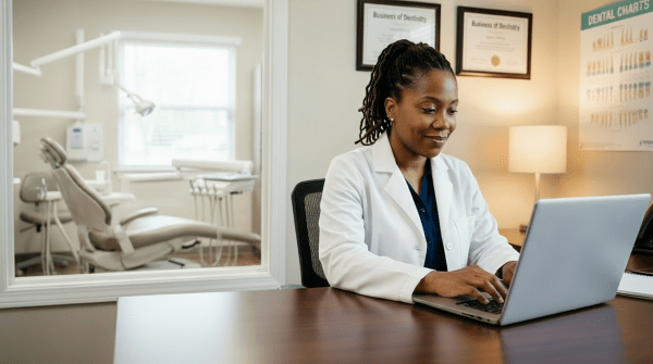 Dentist registering a dental practice as an LLC from office desk