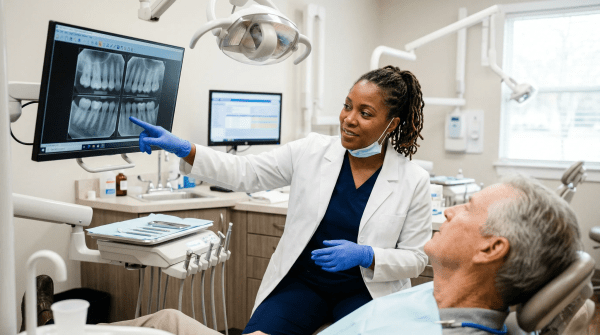 Dentist business owner going over x-rays with a client