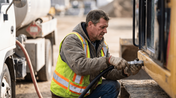 Refueling equipment from a tanker at a diesel fuel delivery business