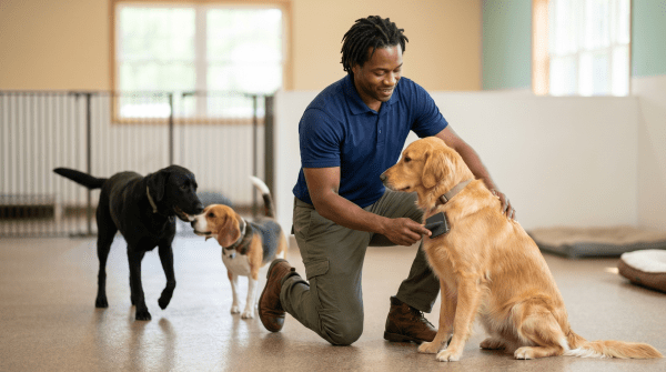Dog boarding kennel owner caring for boarded dogs at a pet boarding business