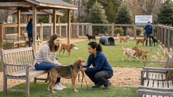 Dog foster network and rescue founder caring for rescued dogs at an animal rescue organization