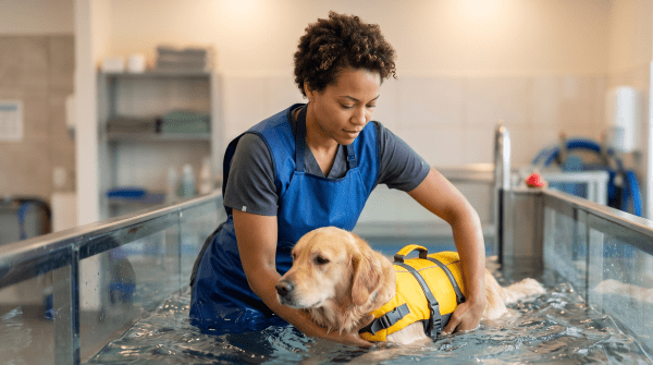 Dog hydrotherapy specialist supervising a dog in an indoor therapy pool