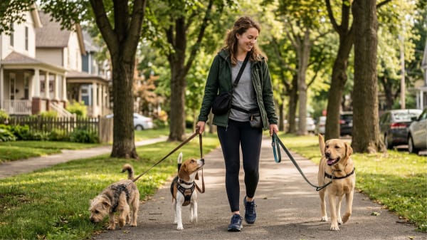 Woman walking multiple dogs outdoors as part of her professional dog walking business