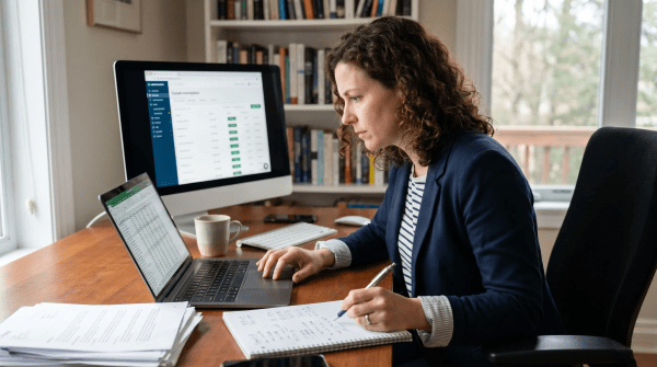 Domain investing business owner researching and managing a portfolio of domain names at their office