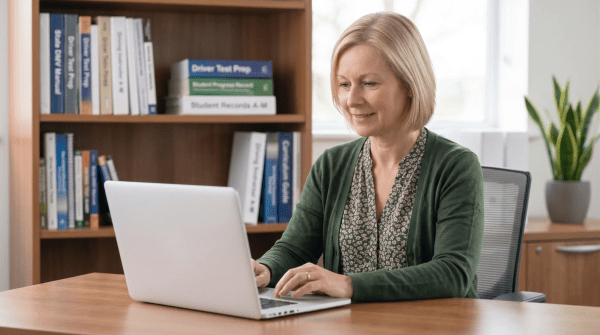 Driving school owner starting a driving school business LLC from office