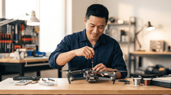 Drone repair business owner repairing a drone