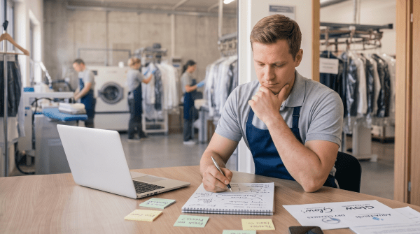 Dry cleaning business owner brainstorming business name ideas