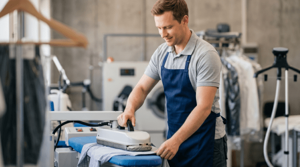 Dry cleaning business owner pressing garments behind the counter