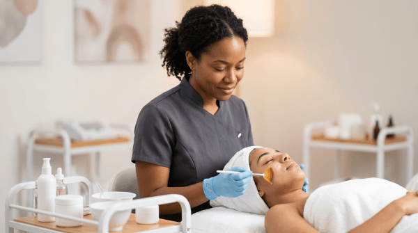 Esthetician performing a facial treatment at a skincare and beauty salon business