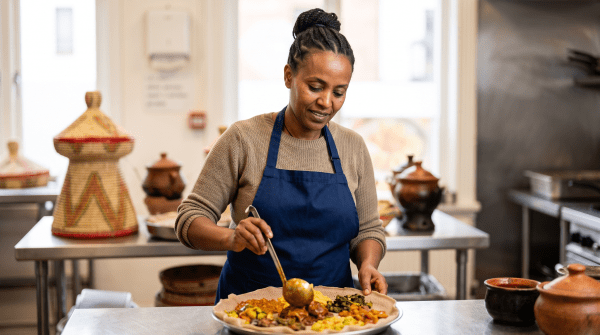 Ethiopian restaurant owner starting a business.