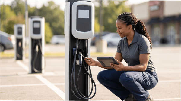 EV charging station owner inspecting a charging unit outdoors