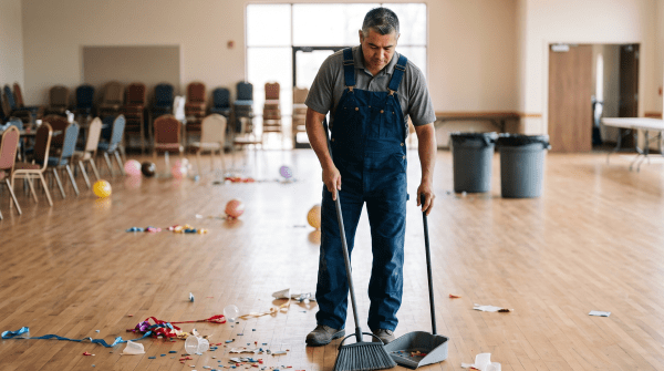 Event cleanup business owner cleaning up after an event