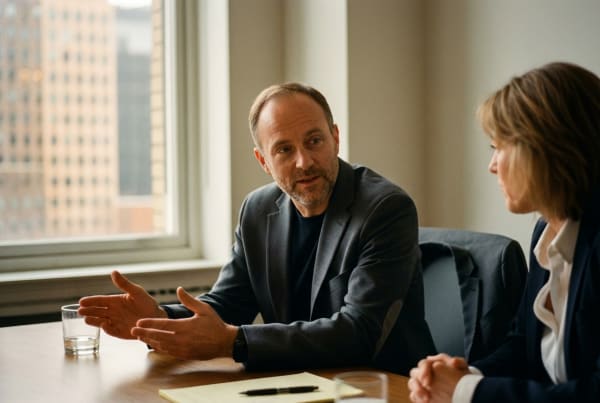 Executive search consultant meeting with a client to discuss leadership hiring and talent acquisition needs