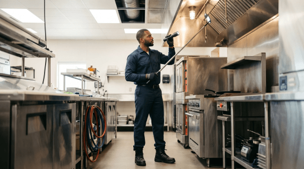 Commercial kitchen exhaust cleaning technician degreasing hood vents in a restaurant kitchen